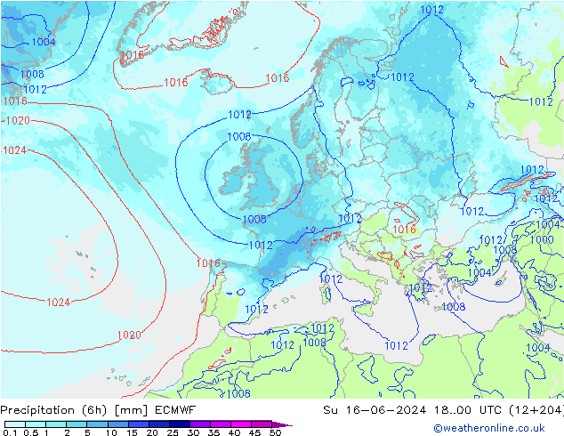 осадки (6h) ECMWF Вс 16.06.2024 00 UTC