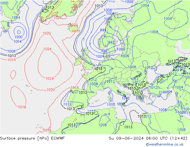 Pressione al suolo ECMWF dom 09.06.2024 06 UTC