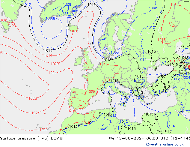 Surface pressure ECMWF We 12.06.2024 06 UTC
