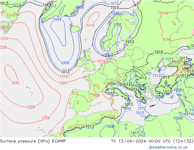 Surface pressure ECMWF Th 13.06.2024 00 UTC