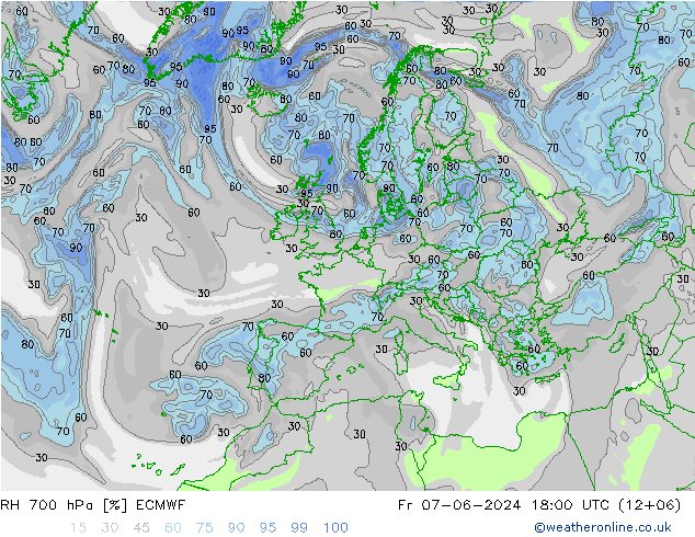 RH 700 hPa ECMWF ven 07.06.2024 18 UTC