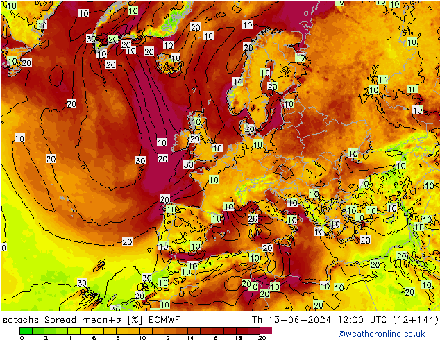 Izotacha Spread ECMWF czw. 13.06.2024 12 UTC