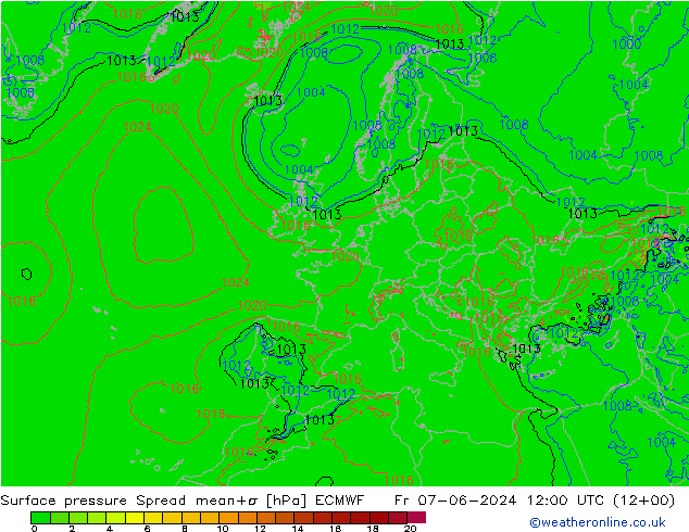 Surface pressure Spread ECMWF Fr 07.06.2024 12 UTC