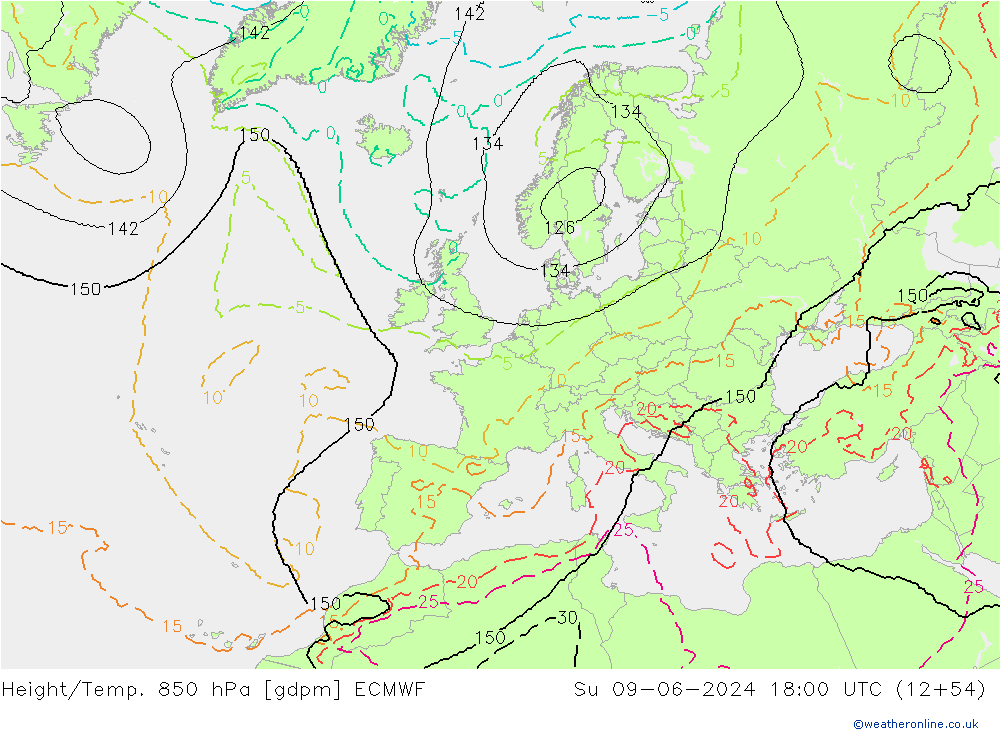 Height/Temp. 850 hPa ECMWF Su 09.06.2024 18 UTC