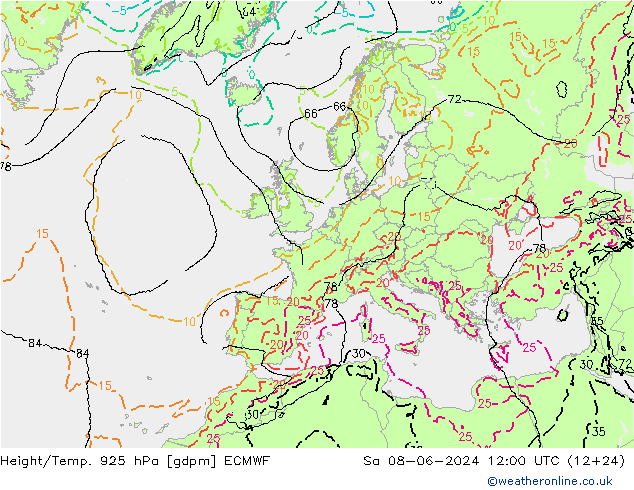 Height/Temp. 925 hPa ECMWF Sa 08.06.2024 12 UTC