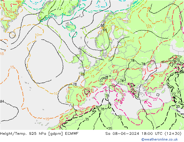 Height/Temp. 925 hPa ECMWF so. 08.06.2024 18 UTC