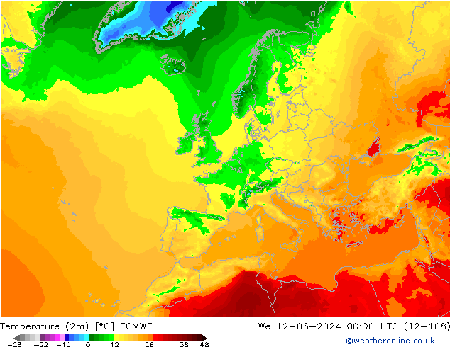 Temperaturkarte (2m) ECMWF Mi 12.06.2024 00 UTC