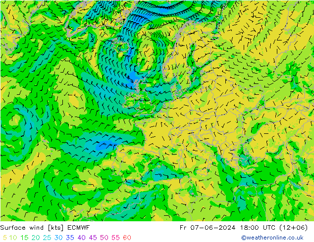 Rüzgar 10 m ECMWF Cu 07.06.2024 18 UTC