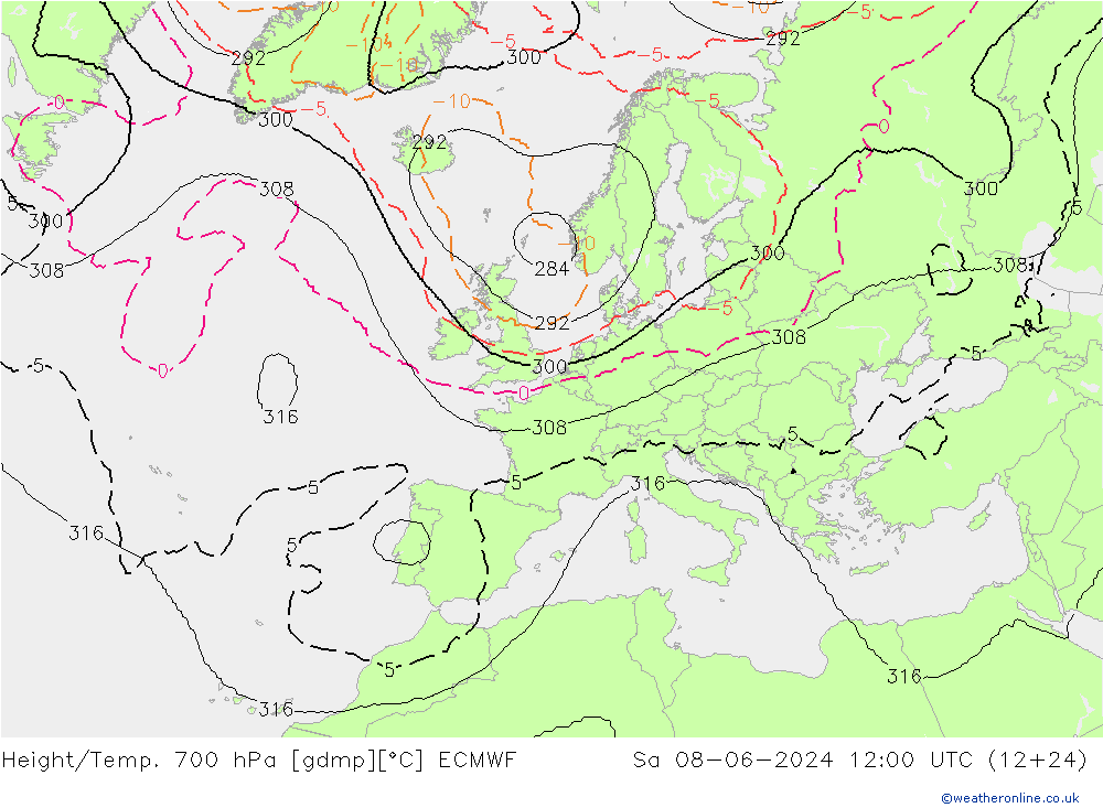 Height/Temp. 700 hPa ECMWF Sa 08.06.2024 12 UTC