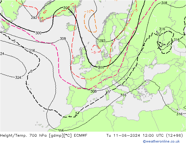 Height/Temp. 700 hPa ECMWF Di 11.06.2024 12 UTC