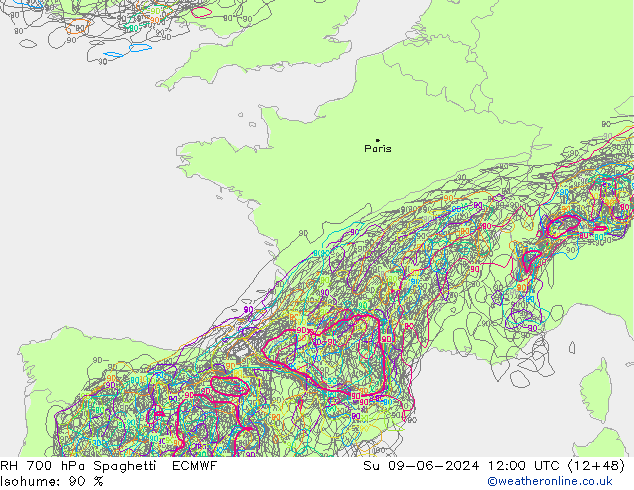 RH 700 hPa Spaghetti ECMWF Su 09.06.2024 12 UTC