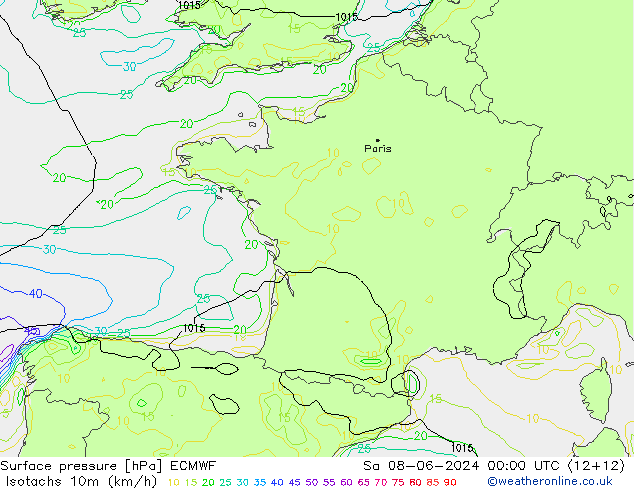 Isotachen (km/h) ECMWF Sa 08.06.2024 00 UTC