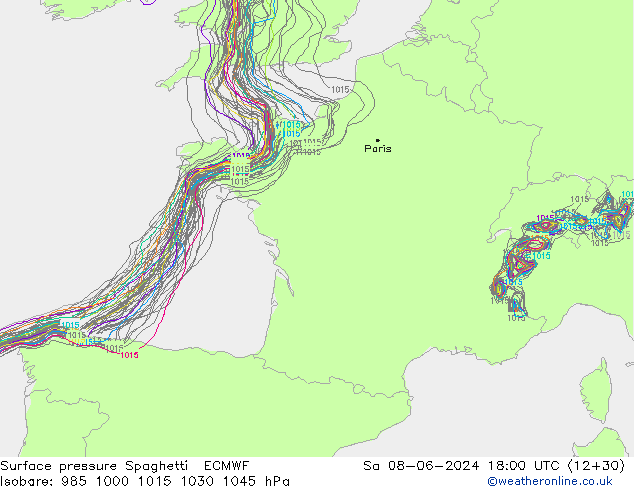 Surface pressure Spaghetti ECMWF Sa 08.06.2024 18 UTC