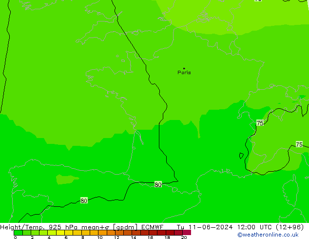 Height/Temp. 925 hPa ECMWF Tu 11.06.2024 12 UTC