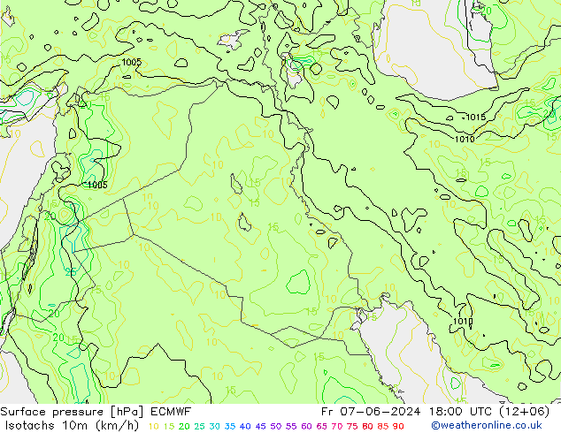 Isotachs (kph) ECMWF Pá 07.06.2024 18 UTC