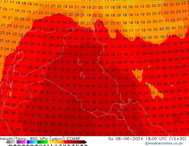 Hoogte/Temp. 850 hPa ECMWF za 08.06.2024 18 UTC