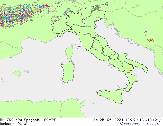 RH 700 hPa Spaghetti ECMWF so. 08.06.2024 12 UTC