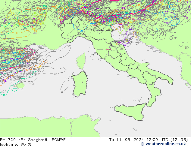 RH 700 гПа Spaghetti ECMWF вт 11.06.2024 12 UTC