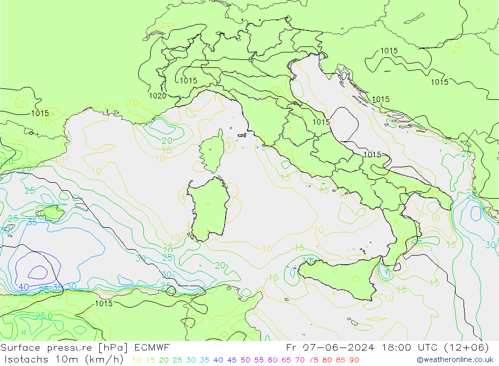 Isotachs (kph) ECMWF Fr 07.06.2024 18 UTC