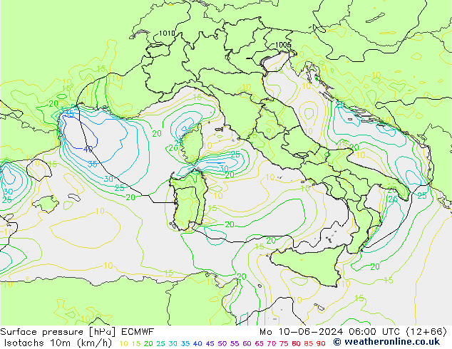 Eşrüzgar Hızları (km/sa) ECMWF Pzt 10.06.2024 06 UTC