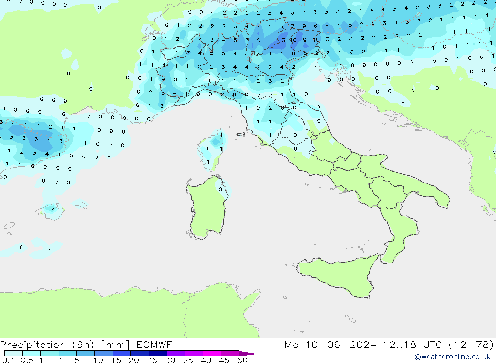 Totale neerslag (6h) ECMWF ma 10.06.2024 18 UTC