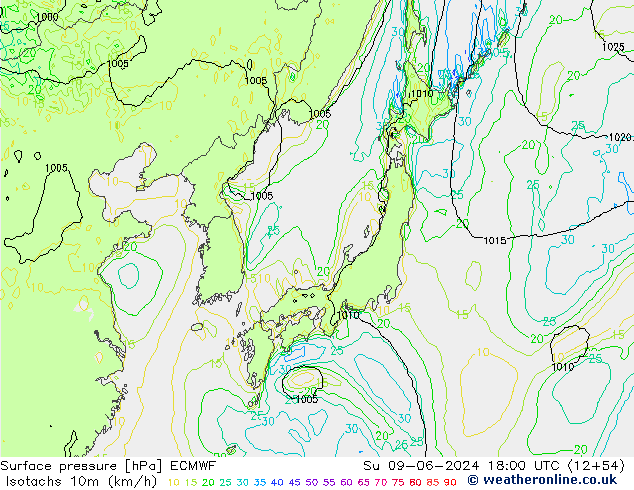 Isotachs (kph) ECMWF dim 09.06.2024 18 UTC