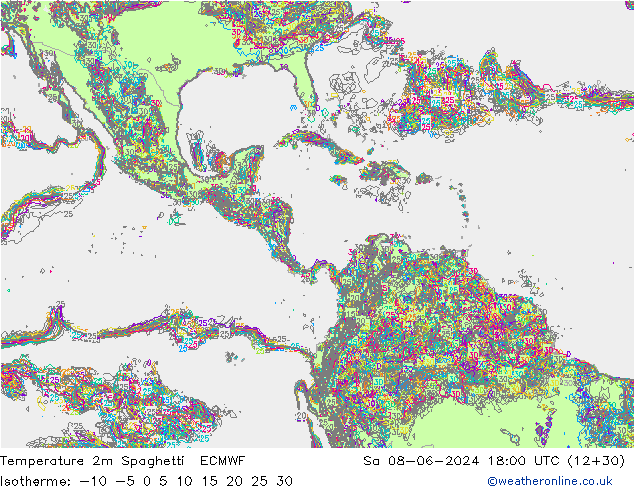 Temperatura 2m Spaghetti ECMWF Sáb 08.06.2024 18 UTC