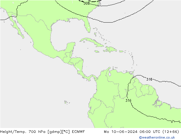 Height/Temp. 700 hPa ECMWF pon. 10.06.2024 06 UTC