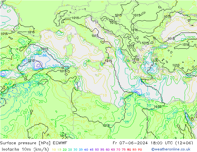 Isotachs (kph) ECMWF Fr 07.06.2024 18 UTC