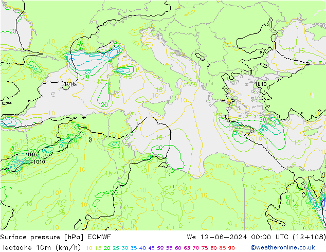 Isotachs (kph) ECMWF ср 12.06.2024 00 UTC