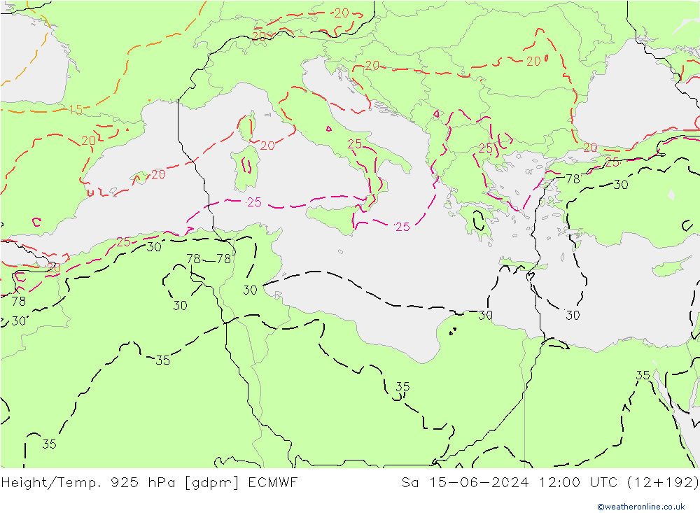 Height/Temp. 925 hPa ECMWF so. 15.06.2024 12 UTC