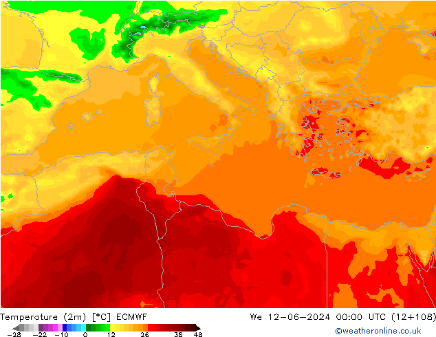 Temperature (2m) ECMWF We 12.06.2024 00 UTC