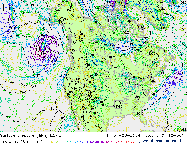 Isotachen (km/h) ECMWF Fr 07.06.2024 18 UTC