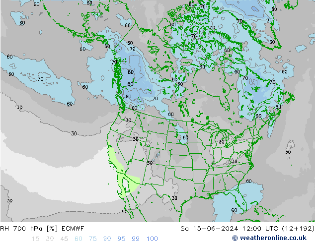 Humedad rel. 700hPa ECMWF sáb 15.06.2024 12 UTC