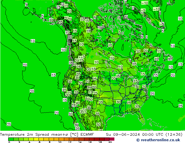 Temperature 2m Spread ECMWF Ne 09.06.2024 00 UTC