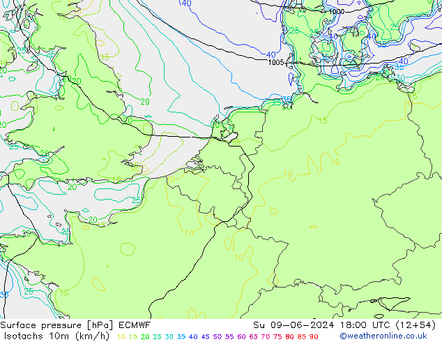 Isotachen (km/h) ECMWF zo 09.06.2024 18 UTC