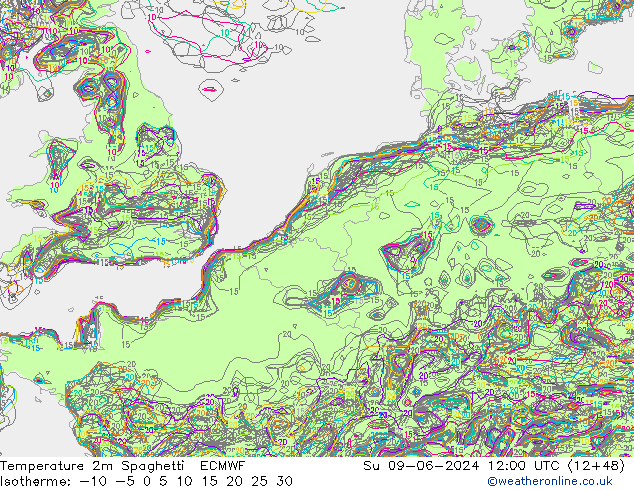 Temperaturkarte Spaghetti ECMWF So 09.06.2024 12 UTC