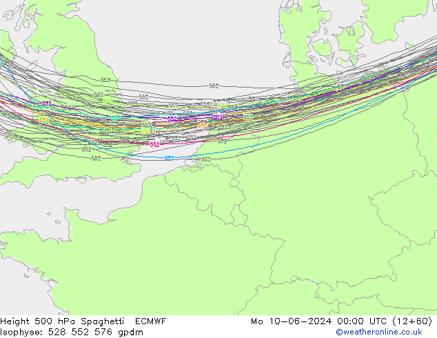 Height 500 hPa Spaghetti ECMWF lun 10.06.2024 00 UTC