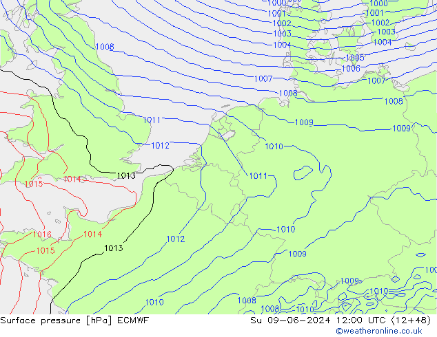 Atmosférický tlak ECMWF Ne 09.06.2024 12 UTC