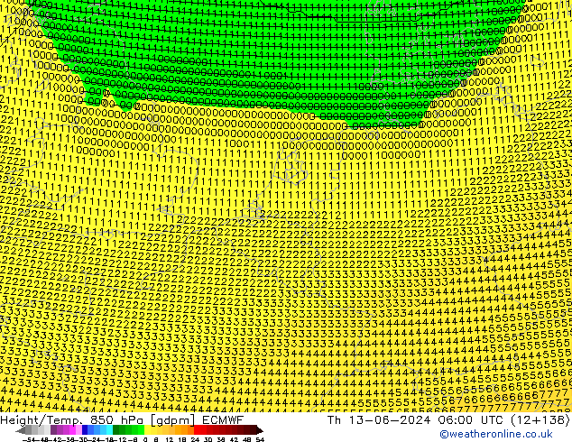 Geop./Temp. 850 hPa ECMWF jue 13.06.2024 06 UTC