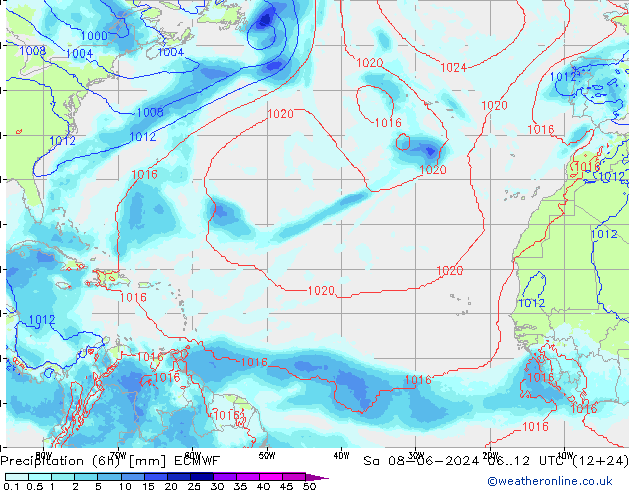 Precipitación (6h) ECMWF sáb 08.06.2024 12 UTC