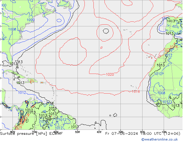 Presión superficial ECMWF vie 07.06.2024 18 UTC