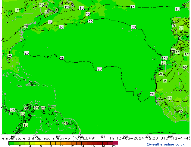 Temperatura 2m Spread ECMWF Qui 13.06.2024 12 UTC