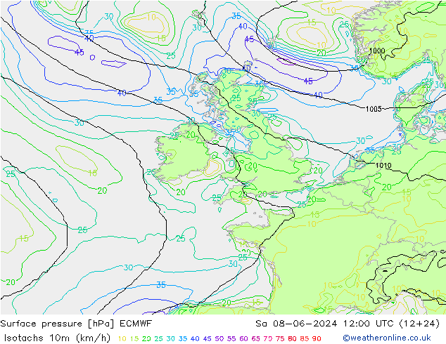 Isotachs (kph) ECMWF So 08.06.2024 12 UTC