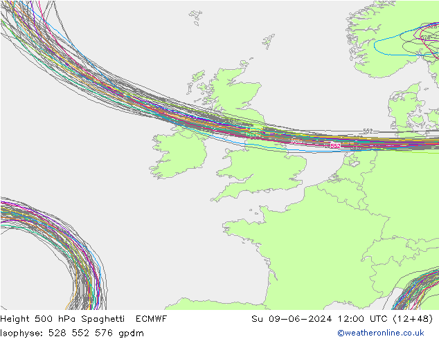 Hoogte 500 hPa Spaghetti ECMWF zo 09.06.2024 12 UTC