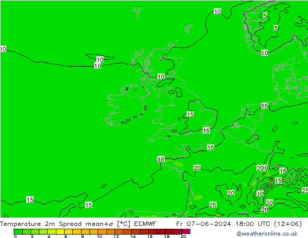 Temperatura 2m Spread ECMWF vie 07.06.2024 18 UTC