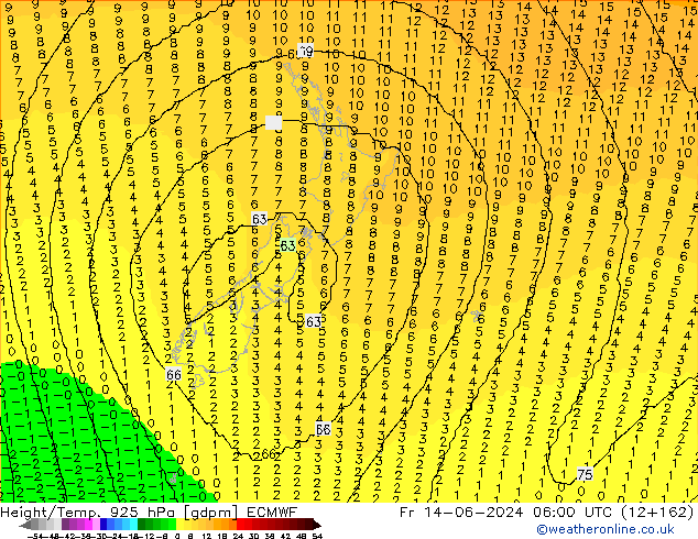 Height/Temp. 925 hPa ECMWF Fr 14.06.2024 06 UTC