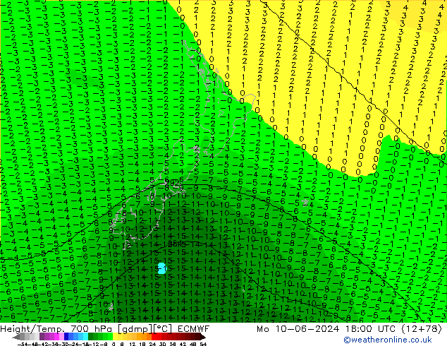 Height/Temp. 700 hPa ECMWF pon. 10.06.2024 18 UTC