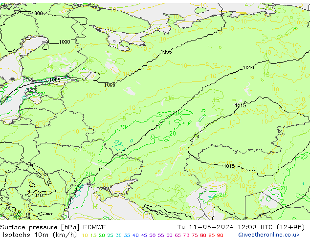 Izotacha (km/godz) ECMWF wto. 11.06.2024 12 UTC