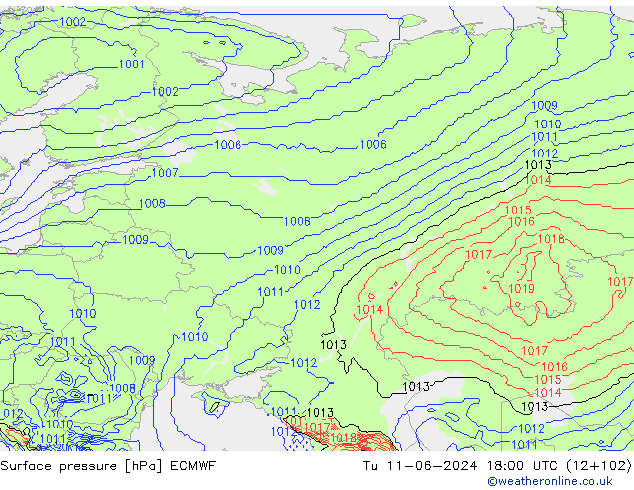 Surface pressure ECMWF Tu 11.06.2024 18 UTC